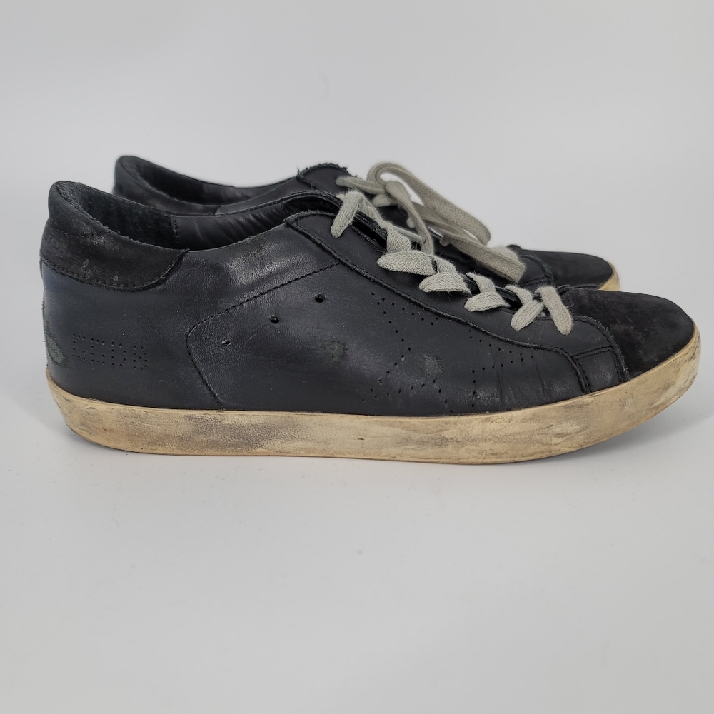 Golden Goose Superstar Black Leather Perforated Star Low Top Sneakers Size 38